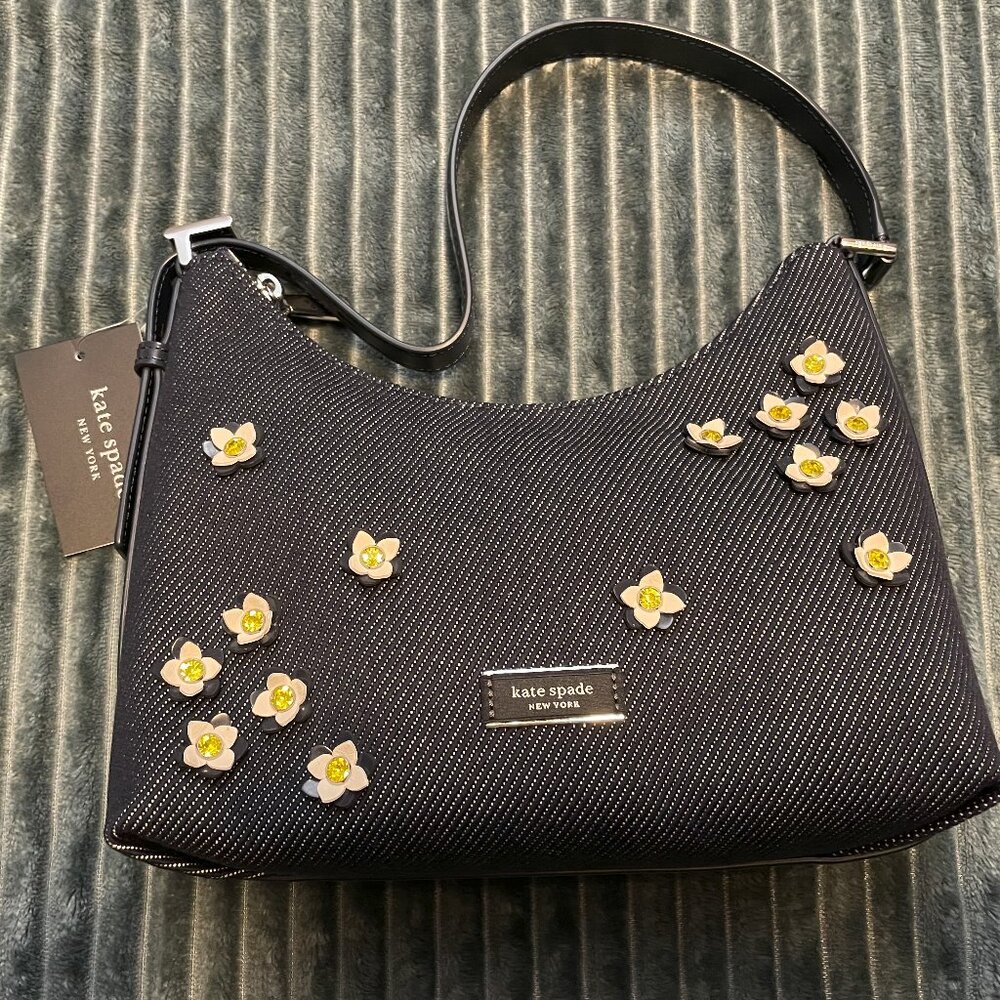 NWT Kate Spade Sam Icon Floral Embellished Denim Small Shoulder Bag in Indigo